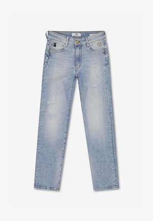 Lichtblauwe slim-fit jeans met lichte slijtage, vijf zakken, knopen- en ritsluiting en een merklabel op de tailleband.