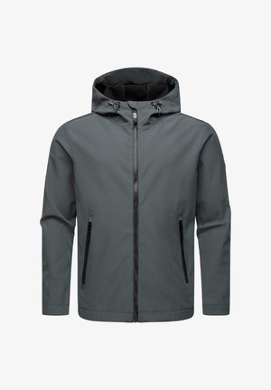 Graue, leichte Jacke mit Kapuze, Reißverschluss vorne und seitlichen Taschen. Sie zeichnet sich durch eine glatte Textur und ein schlankes Design aus.