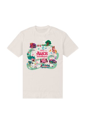 T-shirt bianca in cotone con una grafica colorata di "Alice nel Paese delle Meraviglie" con vari personaggi, testo fantasioso e decorazioni floreali.