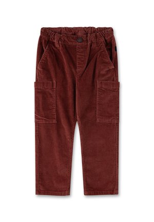 Corduroy broek in donkerrood, met een elastische tailleband, twee zijzakken en een verticale ribbelstructuur voor extra detail.