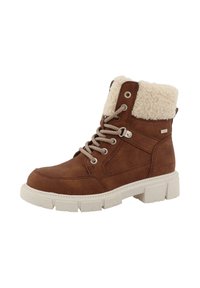 Brun læder ankelstøvle med en fuzzy cremet krave, rund tå og tyk hvid sål. Har sølv hardware og beige snørebånd.