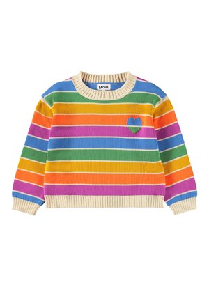 Børnesweater med multifarvede vandrette striber i blå, grøn, orange, lilla og gul, med et blåt og grønt hjerte på brystet.