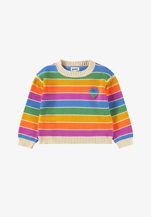Otroška pulover s pisanimi vodoravnimi črtami v modri, zeleni, oranžni, vijolični in rumeni barvi, ki ima na prsih modro-zeleno srce.