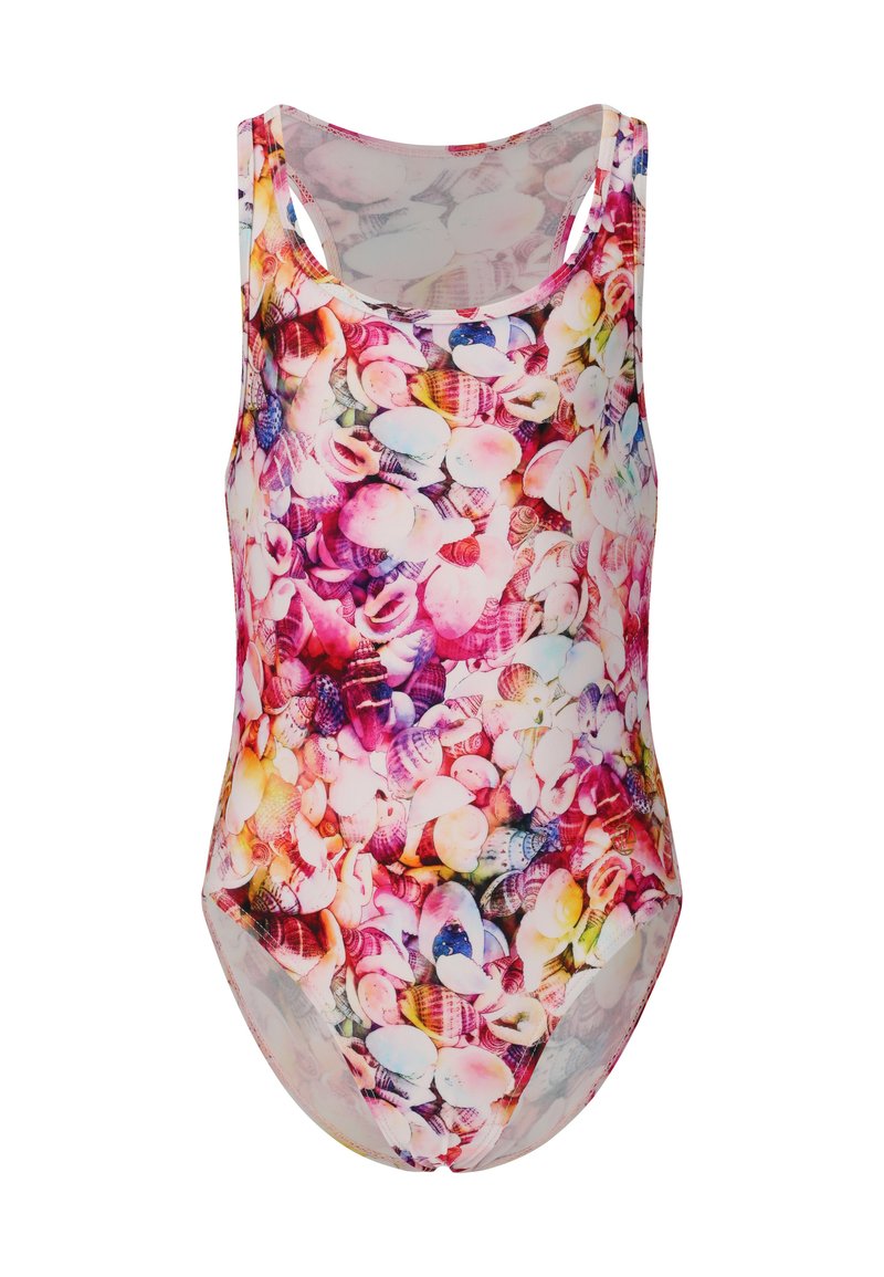 Maillot de bain avec un imprimé de coquillage éclatant en rose, violet, jaune et blanc, fabriqué en tissu lisse et extensible, avec un col rond et des bretelles larges.