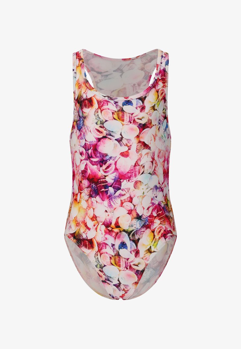 Costume da bagno con una vivace stampa di conchiglie in rosa, viola, giallo e bianco, realizzato in tessuto liscio e elastico, con scollo rotondo e spalline larghe.