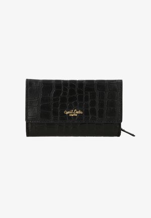 Portafoglio in pelle nera con texture a coccodrillo, dotato di una placca con logo dorato e chiusura con zip. Forma rettangolare compatta con una finitura liscia.