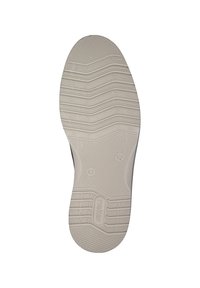 Suola di scarpa grigia con un motivo testurizzato a onde. Materiale in gomma leggera con marchio e indicazione della misura 43. Bordo liscio e forma arrotondata.