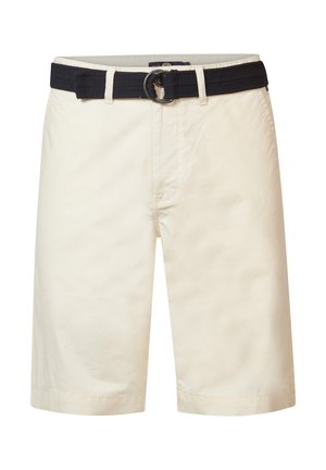 Pantalones cortos color crema de algodón, con un cinturón negro tejido y un lazo, con un corte recto y dobladillo que llega hasta las rodillas.