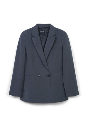 Blazer doppiopetto grigio scuro con revers a scollatura, due bottoni frontali, due tasche laterali e una tasca a welt sul petto, taglia small.