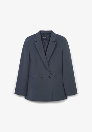 Dunkelgrauer doppelreihiger Blazer mit Reverskragen, zwei vorderen Knöpfen, zwei Seitentaschen und einer Brustpaspeltasche, Größe S.