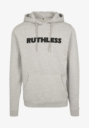 Hoodie gris clair en tissu doux, avec une poche frontale et le texte noir "RUTHLESS" sur la poitrine. Capuche avec cordon de serrage réglable inclus.