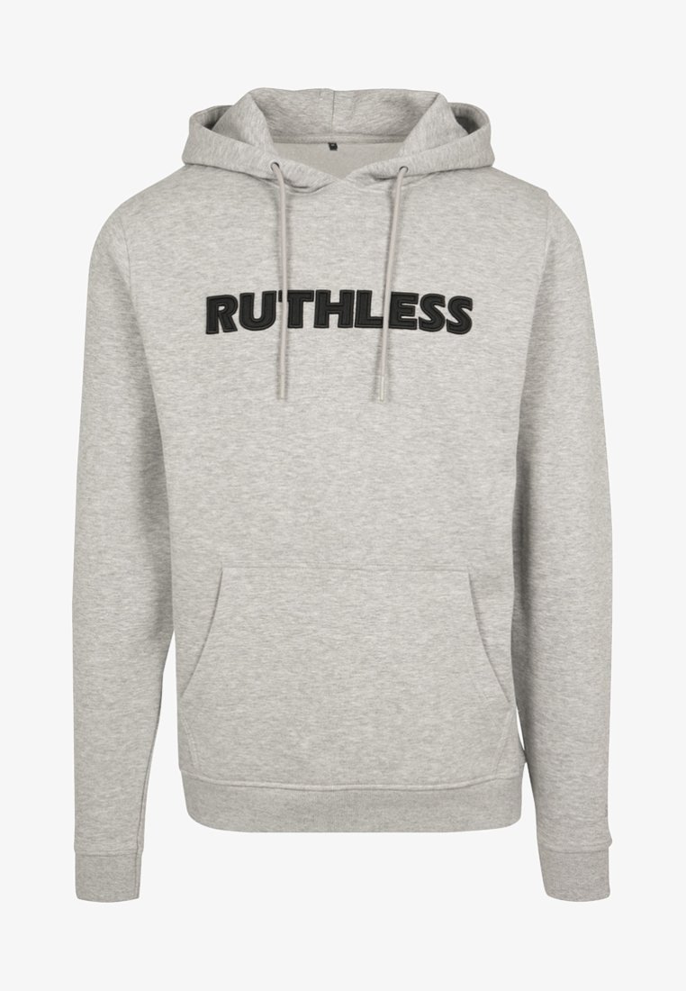 Felpa grigia chiara in tessuto morbido, con tasca frontale e testo "RUTHLESS" in nero sul petto. Inclusa cappuccio regolabile con cordino.