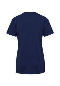 Navy blue cotton t-shirt with a crew neck and short sleeves, featuring a smooth texture and a casual cut. No visible logos or designs.