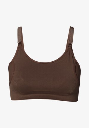 Braune Bralette aus glattem Stoff, mit verstellbaren Trägern und nahtlosem Design. Ohne Polsterung oder Unterdraht, bietet eine schlichte Silhouette.