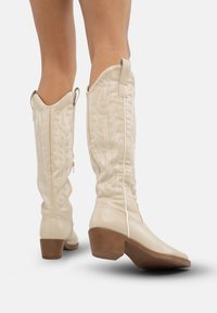 Botas de cowboy beige con punta afilada,Tacón apilado y patrones florales en relieve. El material es suave con un acabado brillante.