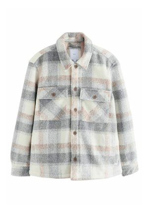 Grau- und cremefarbene Karojacke mit einer weichen, strukturierten Oberfläche. Verfügt über zwei Brusttaschen und braune Knöpfe. Kragen und durchgehende Knopfleiste.