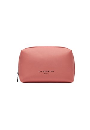 Peach-colored cosmetic bag with a soft fabric texture, rounded shape, zipper closure, and embossed "LIEBESKIND BERLIN" logo on the front.