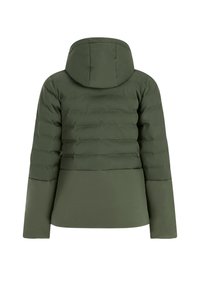 Olijfgroen pufferjack met kap, met een gewatteerd bovenste gedeelte en een glad onderste deel. Inclusief een rechte snit en lange mouwen.