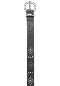 Black leather belt featuring a textured surface with diamond-shaped silver studs and a silver double-ring buckle.