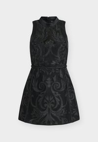Black sleeveless dress with a high neckline, featuring intricate floral embossed patterns and a fitted waist. Zip closure at the back.
