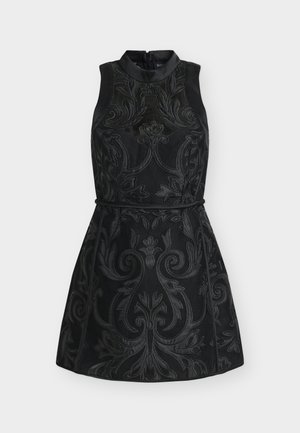 Black sleeveless dress with a high neckline, featuring intricate floral embossed patterns and a fitted waist. Zip closure at the back.