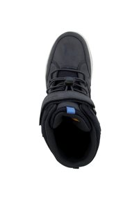 Dark gray high-top shoe with smooth leather and mesh, featuring a circular lace toggle, Velcro strap, and blue accent tab near the collar.