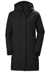 Czarna wodoodporna kurtka z zasuwanym przodem, regulowanym kapturem i bocznymi kieszeniami. Ma gładką fakturę i elastyczne mankiety, które zapewniają ciepło.