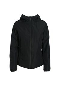 Giacca nera impermeabile con cappuccio, zip anteriore completa, polsini elastici e una superficie morbida. Presenta un design elegante e minimalista.