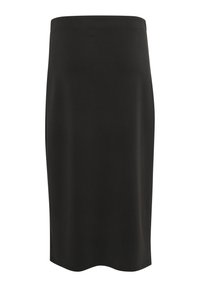 Zwarte knie-lange rok van gladde, rekbare stof. Heeft een eenvoudige, aansluitende silhouet met een elastische tailleband.