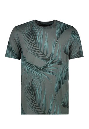 Grijze t-shirt met korte mouwen, gekenmerkt door een tealbladpatroon, gemaakt van een zachte, lichte stof met een ronde hals.