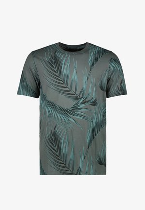 Grijze t-shirt met korte mouwen, gekenmerkt door een tealbladpatroon, gemaakt van een zachte, lichte stof met een ronde hals.