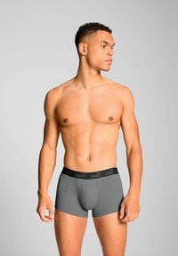 Gray boxer briefs with a black elastic waistband featuring a logo. The fabric appears smooth with a snug fit and minimal seams.