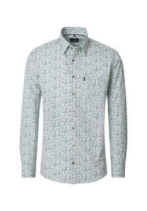 Langarm-Hemd mit Knopfleiste, grün-grauem kleinen Blumenmuster auf weißem Hintergrund und spitzem Kragen.