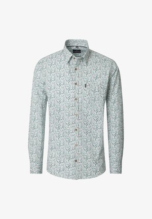 Langarm-Hemd mit Knopfleiste, grün-grauem kleinen Blumenmuster auf weißem Hintergrund und spitzem Kragen.