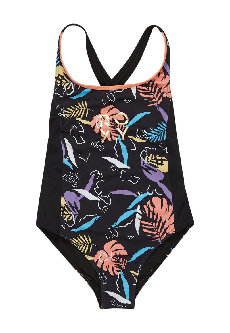 Maillot de bain une pièce, base noire avec des motifs floraux et de feuilles colorés, bretelles réglables et logo Roxy en or à l'avant.