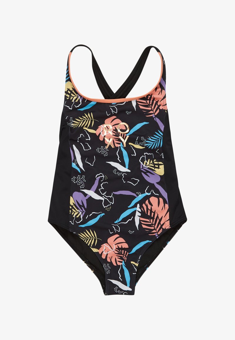 Maillot de bain une pièce, base noire avec des motifs floraux et de feuilles colorés, bretelles réglables et logo Roxy en or à l'avant.