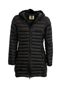 Giacca imbottita nera con cappuccio, caratterizzata da sezioni trapuntate verticali, cerniera anteriore e tasche laterali. Tessuto liscio e lucido.