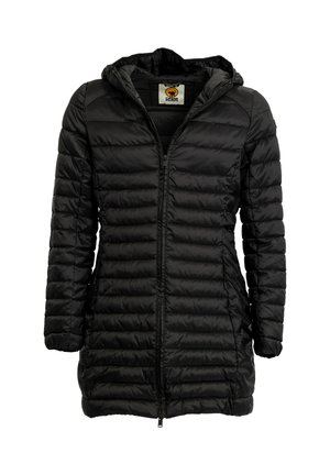 Giacca imbottita nera con cappuccio, caratterizzata da sezioni trapuntate verticali, cerniera anteriore e tasche laterali. Tessuto liscio e lucido.