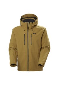 Giacca impermeabile marrone con zip frontale, due tasche sul petto, cappuccio regolabile e fodera interna morbida. Presenta dettagli in zip nera.