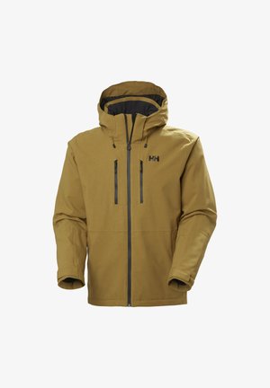 Bruine weerbestendige jas met een ritssluiting aan de voorkant, twee borstzakken, een verstelbare capuchon en een zachte binnenvoering. Bevat zwarte ritsaccenten.