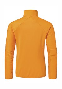 Oranger Langarmpullover mit hohem Kragen. Verfügt über eine gerippte Textur, Raglanärmel und flachliegende Nähte für eine glatte Verarbeitung.