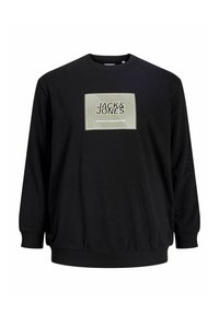 Sort sweatshirt med lange ærmer, ribstrikkede manchetter og kant forneden. Har et rektangulært logo med teksten "JACK & JONES" på fronten.