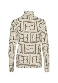 Top s dlhými rukávmi v krémovej farbe s geometrickým čiernym vzorom. Má vysoký golier a priliehavý strih. Hladká textúra, elastická tkanina.