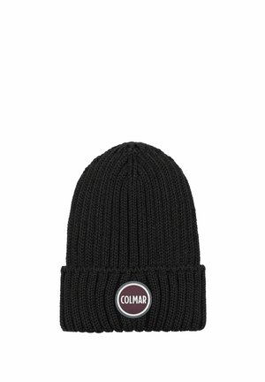 Berretto nero a coste in maglia con risvolto e patch rotondo con la scritta "COLMAR" al centro davanti.