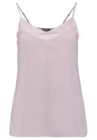 Ljus lavendelfärgad topp med justerbara spaghetti-remmar, V-ringning och en jämn, mjuk textur. Enkel design utan mönster.