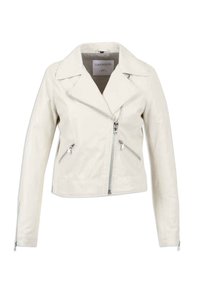 Witte leren jas met een gekartelde kraag, asymmetrische rits aan de voorkant en twee zijzakken met rits. Voorzien van ritsen op de mouwen.