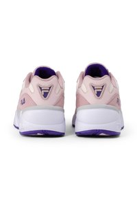 Pink and white sneakers with purple accents, featuring a smooth upper, rounded heel, and textured sole with a logo on the side.