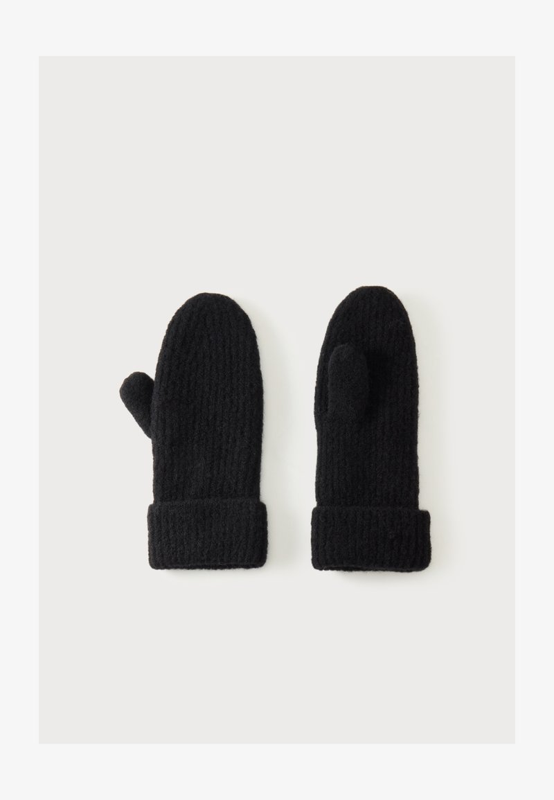 Paire de moufles noires en tricot avec poignets repliés, posées à plat sur un fond blanc.