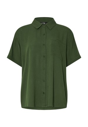 Locker sitzendes, kurzärmliges, olivgrünes Hemd zum Knöpfen mit spitzem Kragen und einer einzelnen Brusttasche auf der linken Seite.