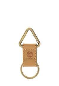 Moschettone in bronzo con un cinturino in pelle beige, caratterizzato da dettagli cuciti e un logo ad albero. Anello portachiavi rotondo attaccato alla base.